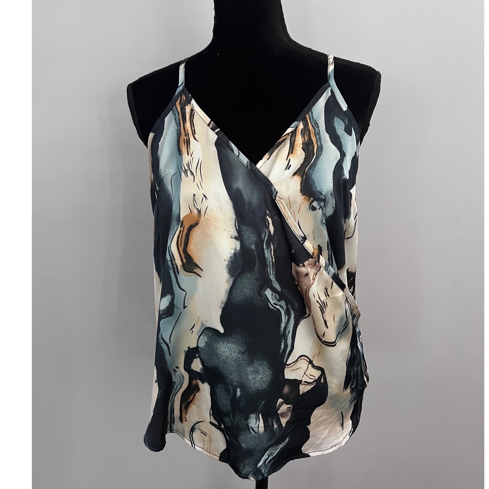 Womens Blue Abstract Marble Print V-Neck Wrap Cami Top Watercolor Size Medium 6